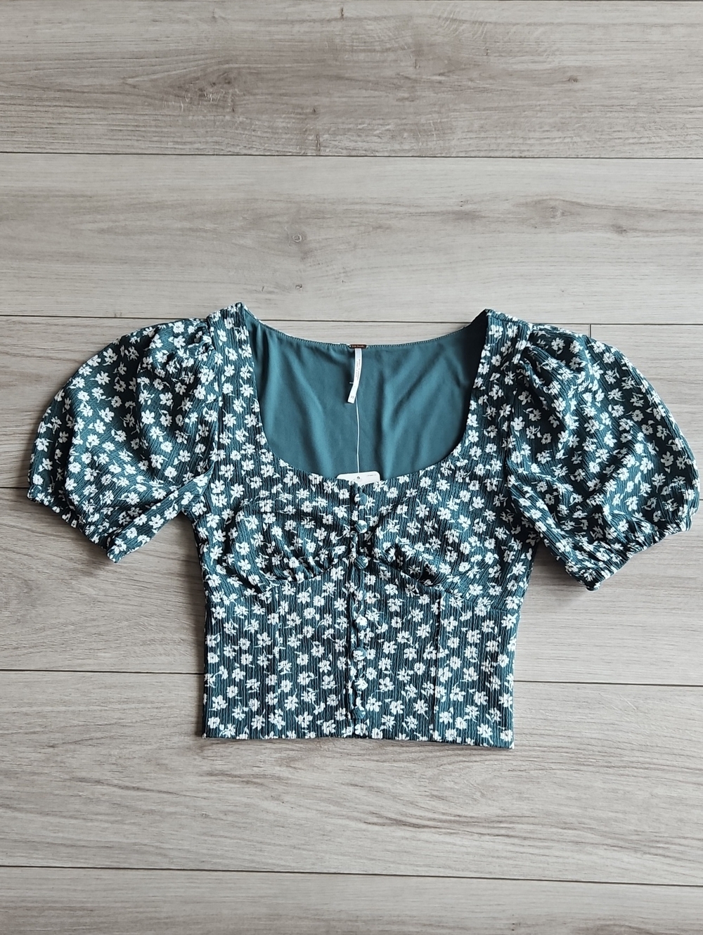 Free People Floral Puff-Sleeve Cropped Peasant Top NWT XS